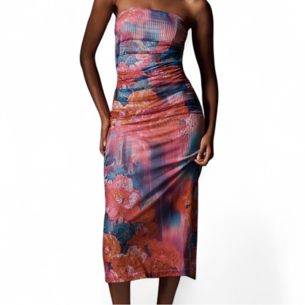 Anthropologie Dress Strapless Ruched Mesh Pink Blue Purple SIZE LARGE NEW
